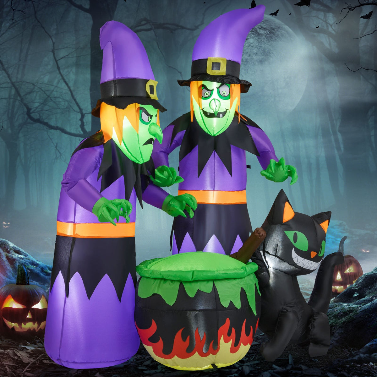 6 Ft Inflatable Halloween Witches with Cauldron and Black Cat LED-Halloween-DECOROLALA