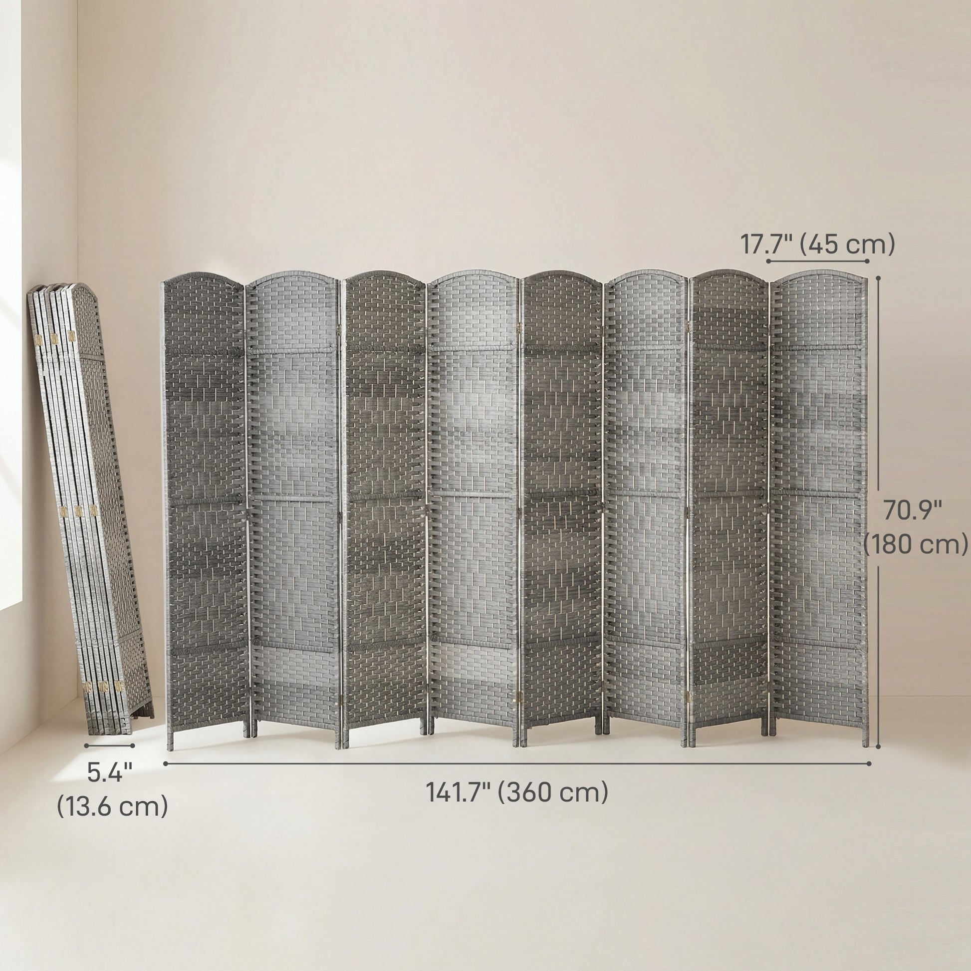 6 Ft Tall Folding Room Divider, 8 Panel Portable Privacy Screen, Hand-Woven Partition Wall Divider, Mixed Grey-Home Furnishings > Living Room Furniture > Room Dividers-DECOROLALA