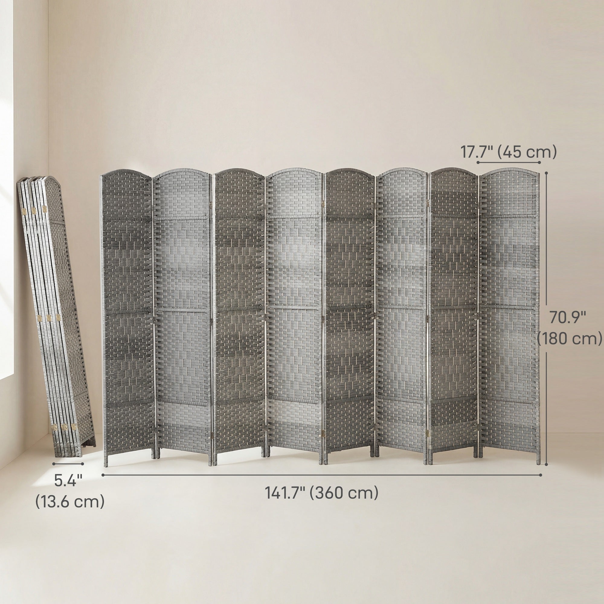 6 Ft Tall Folding Room Divider, 8 Panel Portable Privacy Screen, Hand-Woven Partition Wall Divider, Mixed Grey-Home Furnishings > Living Room Furniture > Room Dividers-DECOROLALA