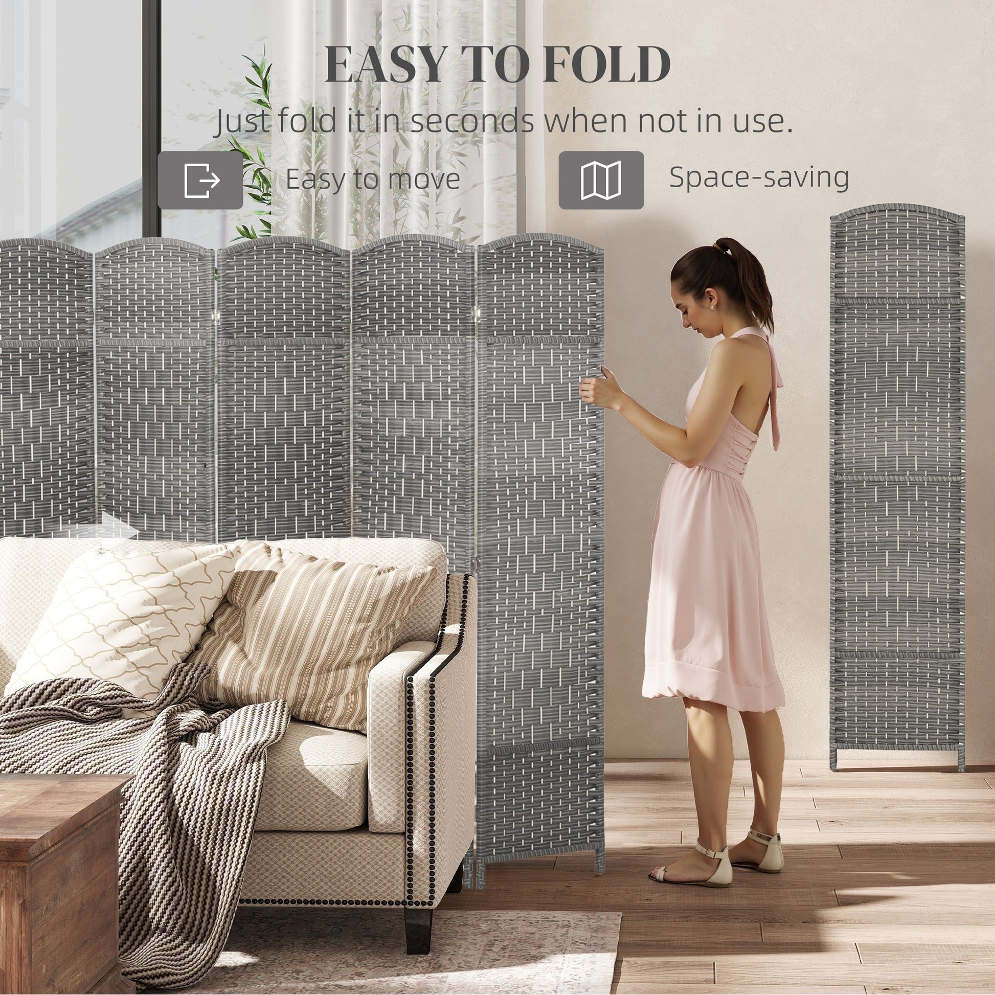 6 Ft Tall Folding Room Divider, 8 Panel Portable Privacy Screen, Hand-Woven Partition Wall Divider, Mixed Grey-Home Furnishings > Living Room Furniture > Room Dividers-DECOROLALA
