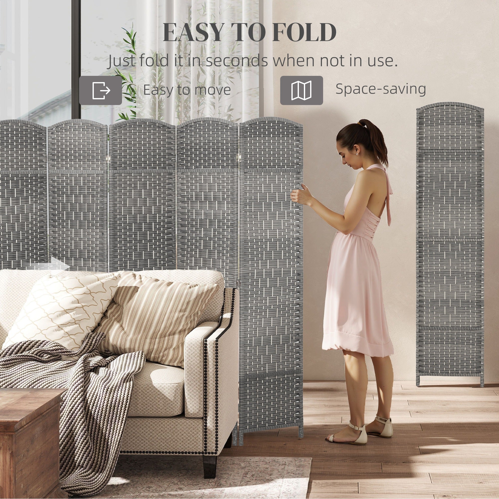 6 Ft Tall Folding Room Divider, 8 Panel Portable Privacy Screen, Hand-Woven Partition Wall Divider, Mixed Grey-Home Furnishings > Living Room Furniture > Room Dividers-DECOROLALA