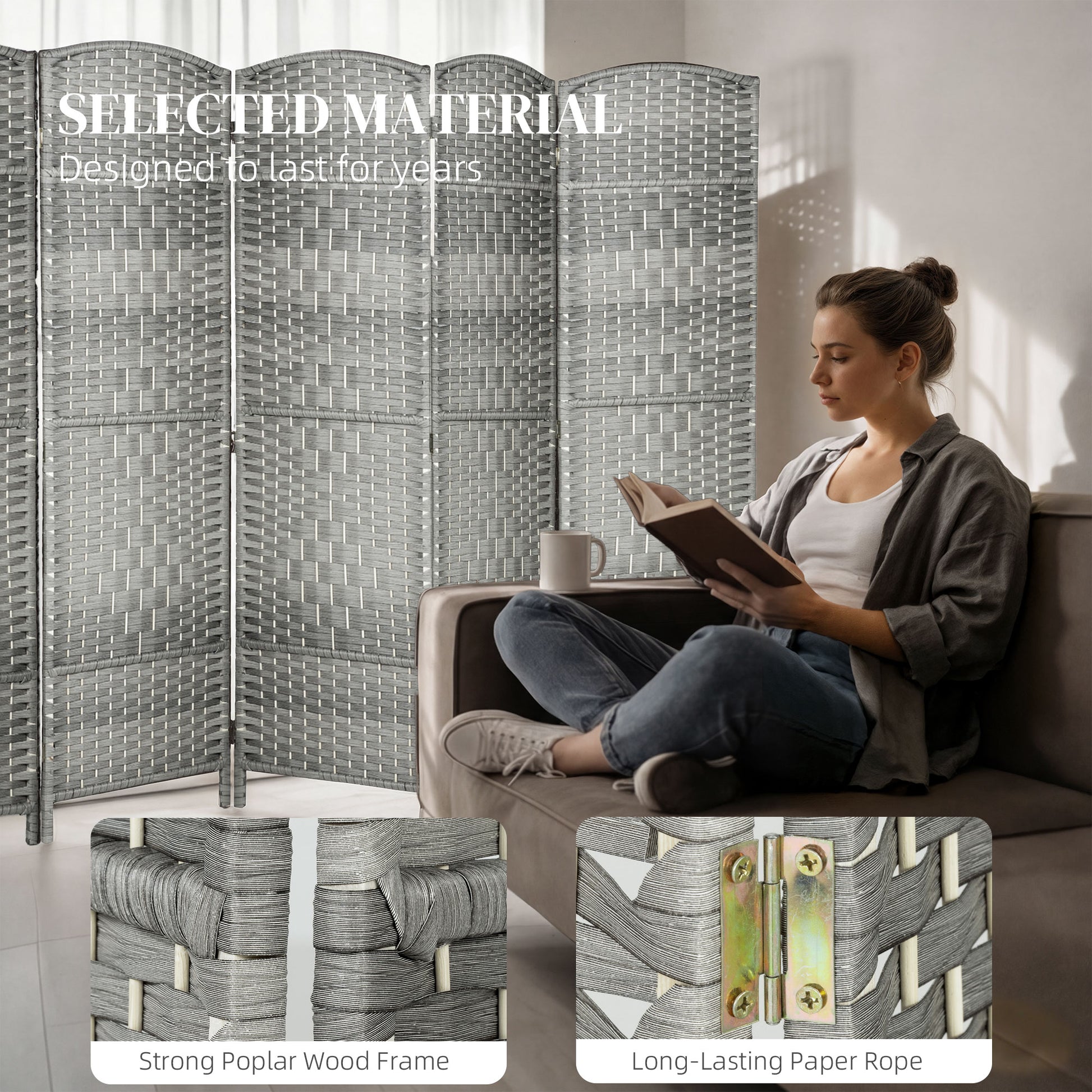 6 Ft Tall Folding Room Divider, 8 Panel Portable Privacy Screen, Hand-Woven Partition Wall Divider, Mixed Grey-Home Furnishings > Living Room Furniture > Room Dividers-DECOROLALA
