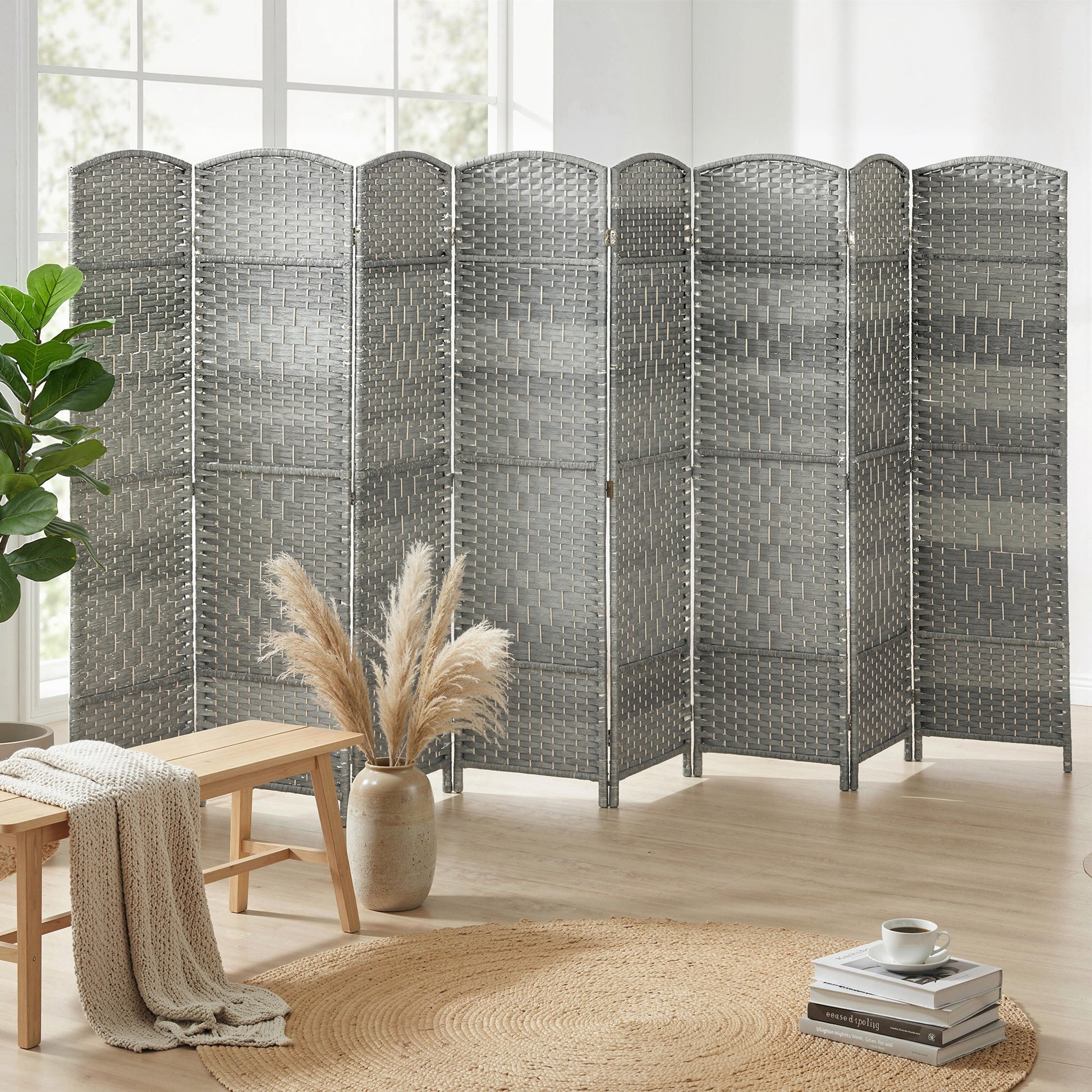 6 Ft Tall Folding Room Divider, 8 Panel Portable Privacy Screen, Hand-Woven Partition Wall Divider, Mixed Grey-Home Furnishings > Living Room Furniture > Room Dividers-DECOROLALA