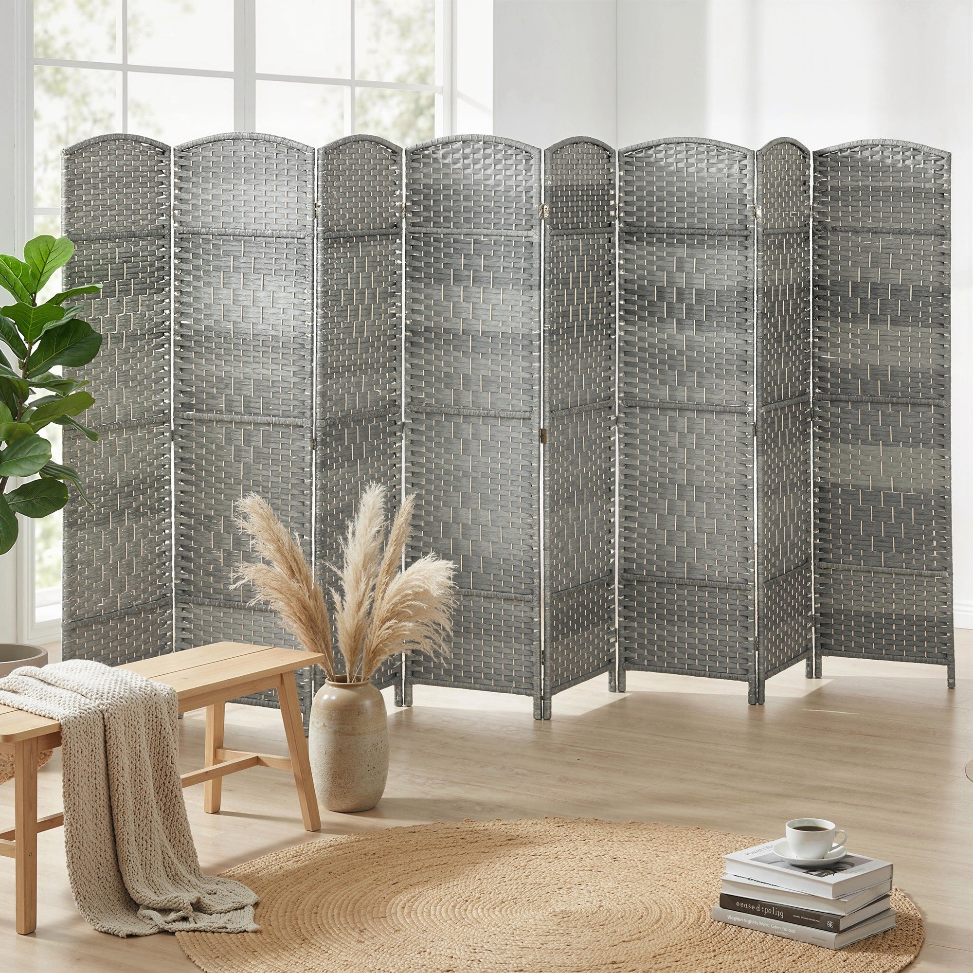 6 Ft Tall Folding Room Divider, 8 Panel Portable Privacy Screen, Hand-Woven Partition Wall Divider, Mixed Grey-Home Furnishings > Living Room Furniture > Room Dividers-DECOROLALA