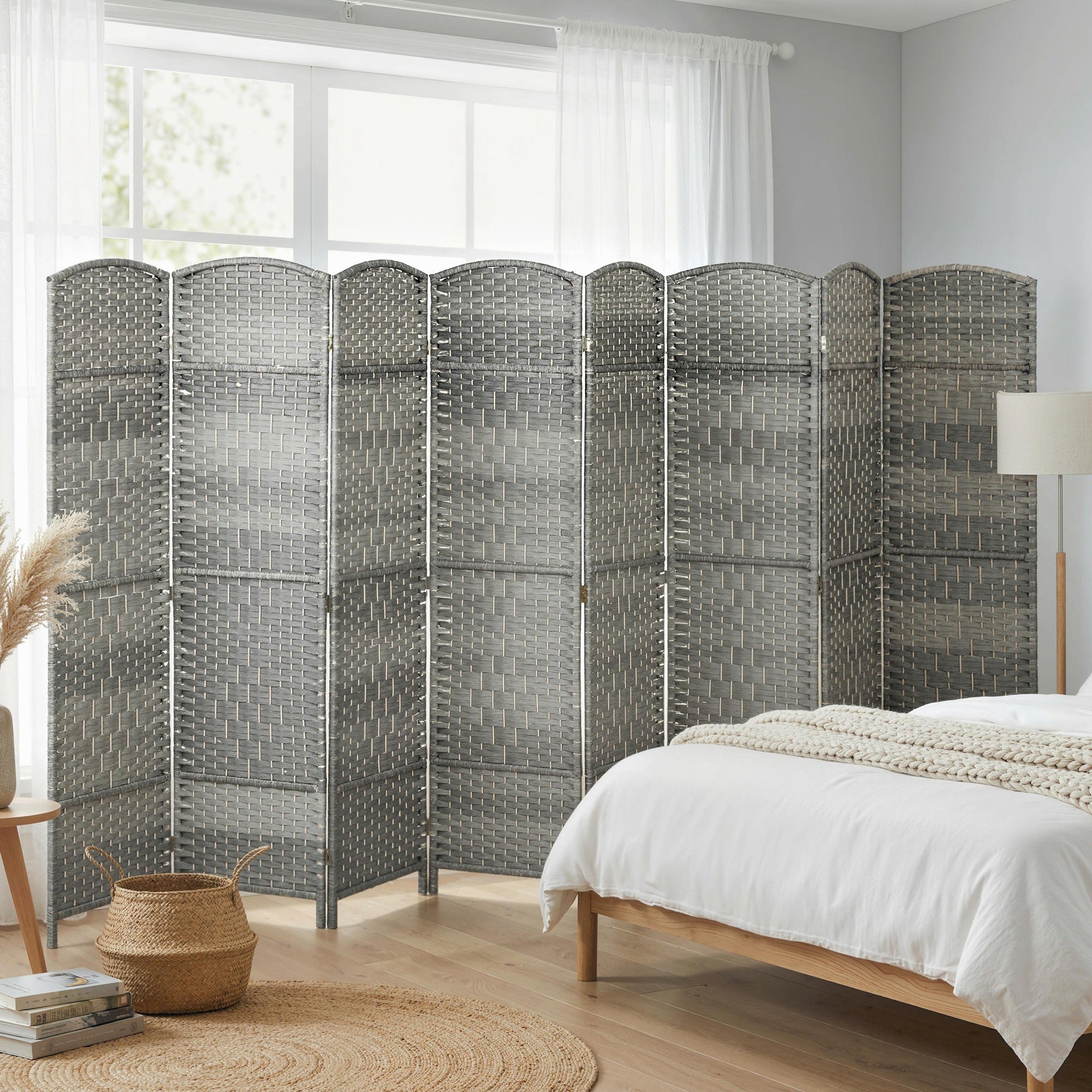 6 Ft Tall Folding Room Divider, 8 Panel Portable Privacy Screen, Hand-Woven Partition Wall Divider, Mixed Grey-Home Furnishings > Living Room Furniture > Room Dividers-DECOROLALA