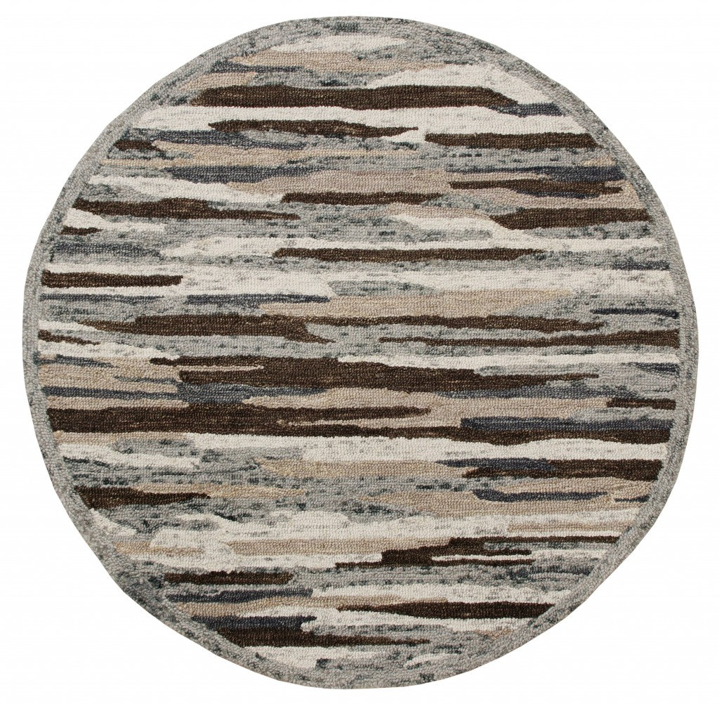 6' Gray And Brown Round Wool Hand Tufted Area Rug-Area Rugs-DECOROLALA