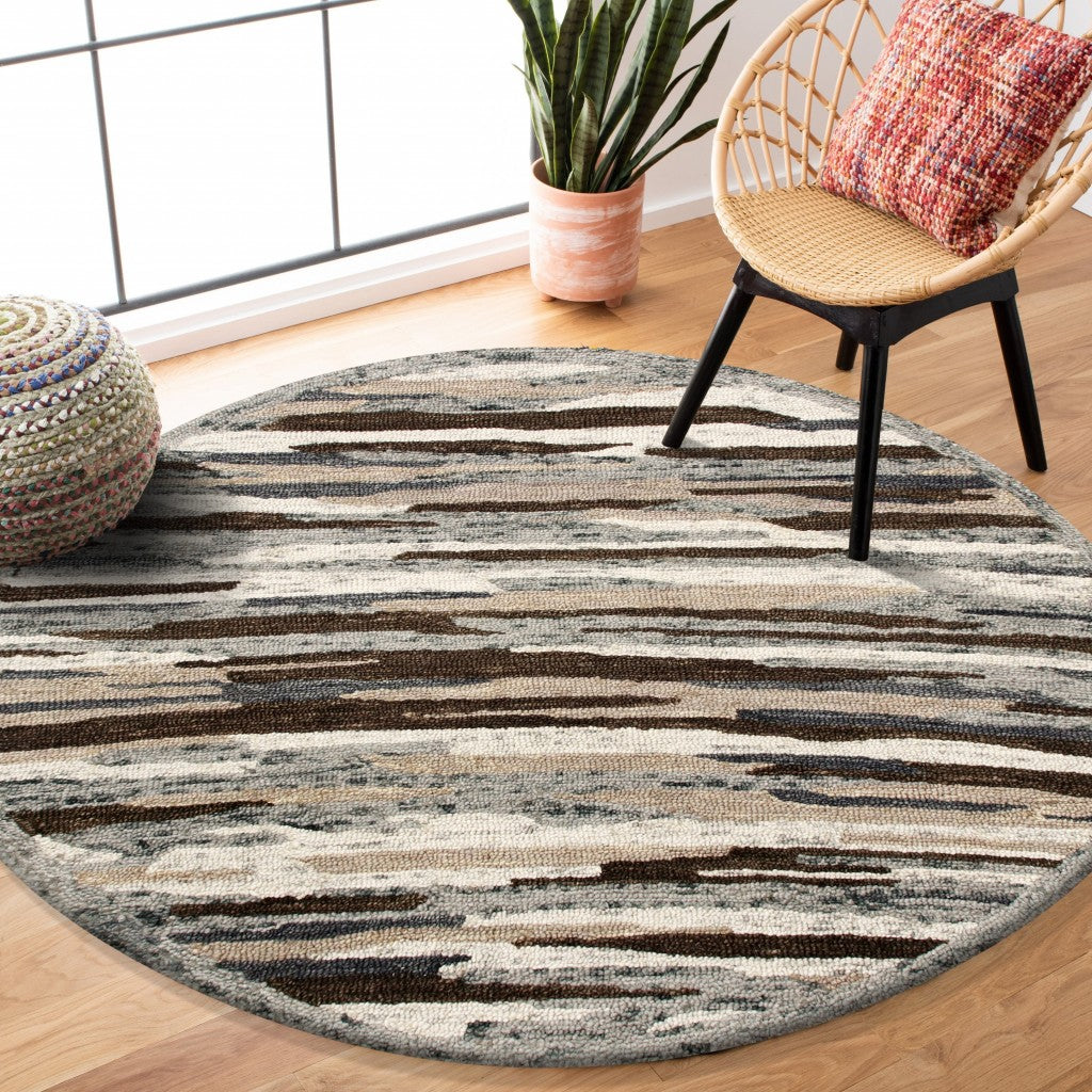 6' Gray And Brown Round Wool Hand Tufted Area Rug-Area Rugs-DECOROLALA