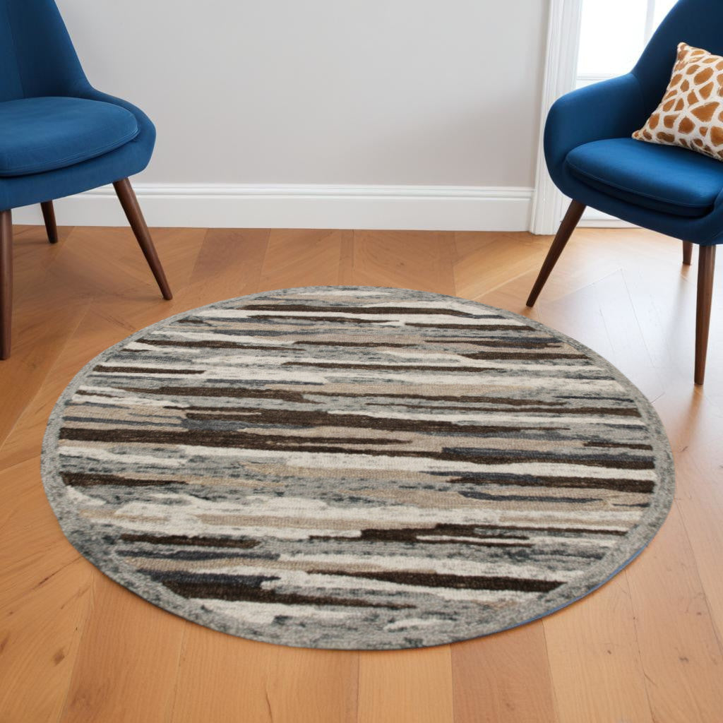 6' Gray And Brown Round Wool Hand Tufted Area Rug-Area Rugs-DECOROLALA