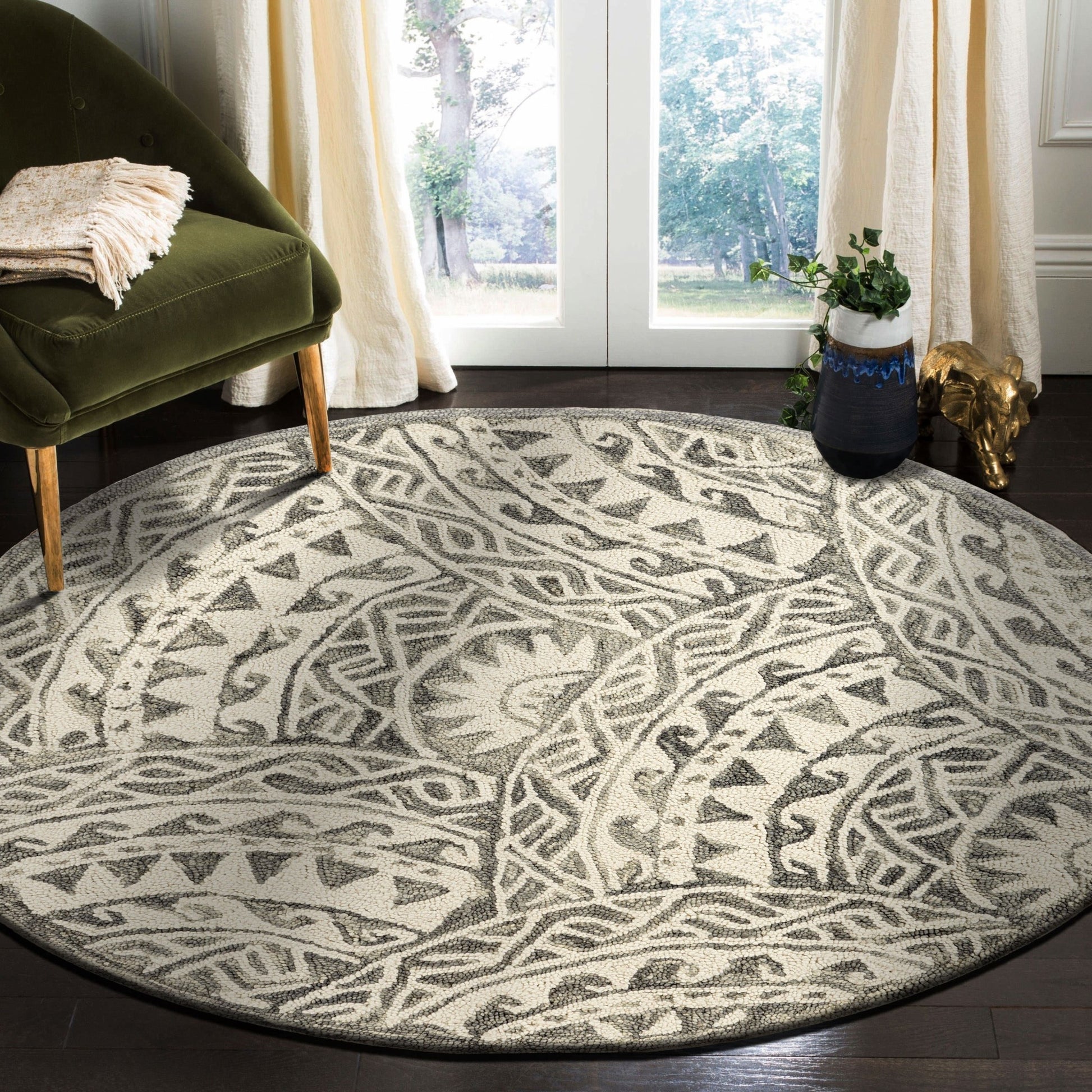 6' Gray Round Wool Geometric Hand Tufted Area Rug-Area Rugs-DECOROLALA