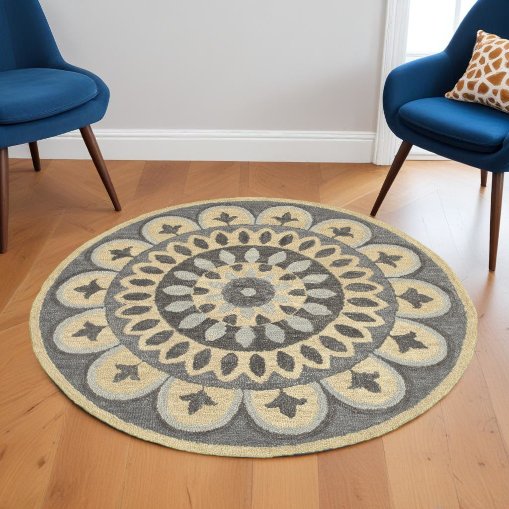 6' Gray Round Wool Geometric Hand Tufted Area Rug-Area Rugs-DECOROLALA