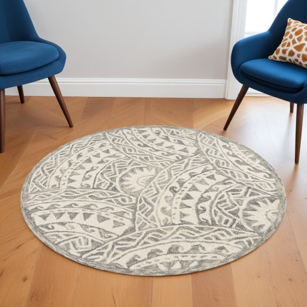 6' Gray Round Wool Geometric Hand Tufted Area Rug-Area Rugs-DECOROLALA