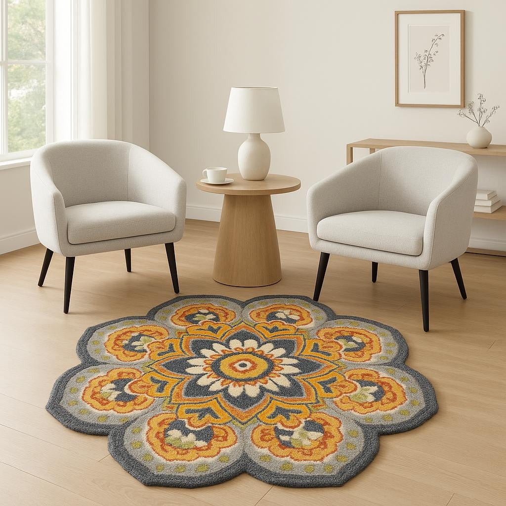6' Gray Wool Geometric Hand Tufted Round Rug-Area Rugs-DECOROLALA