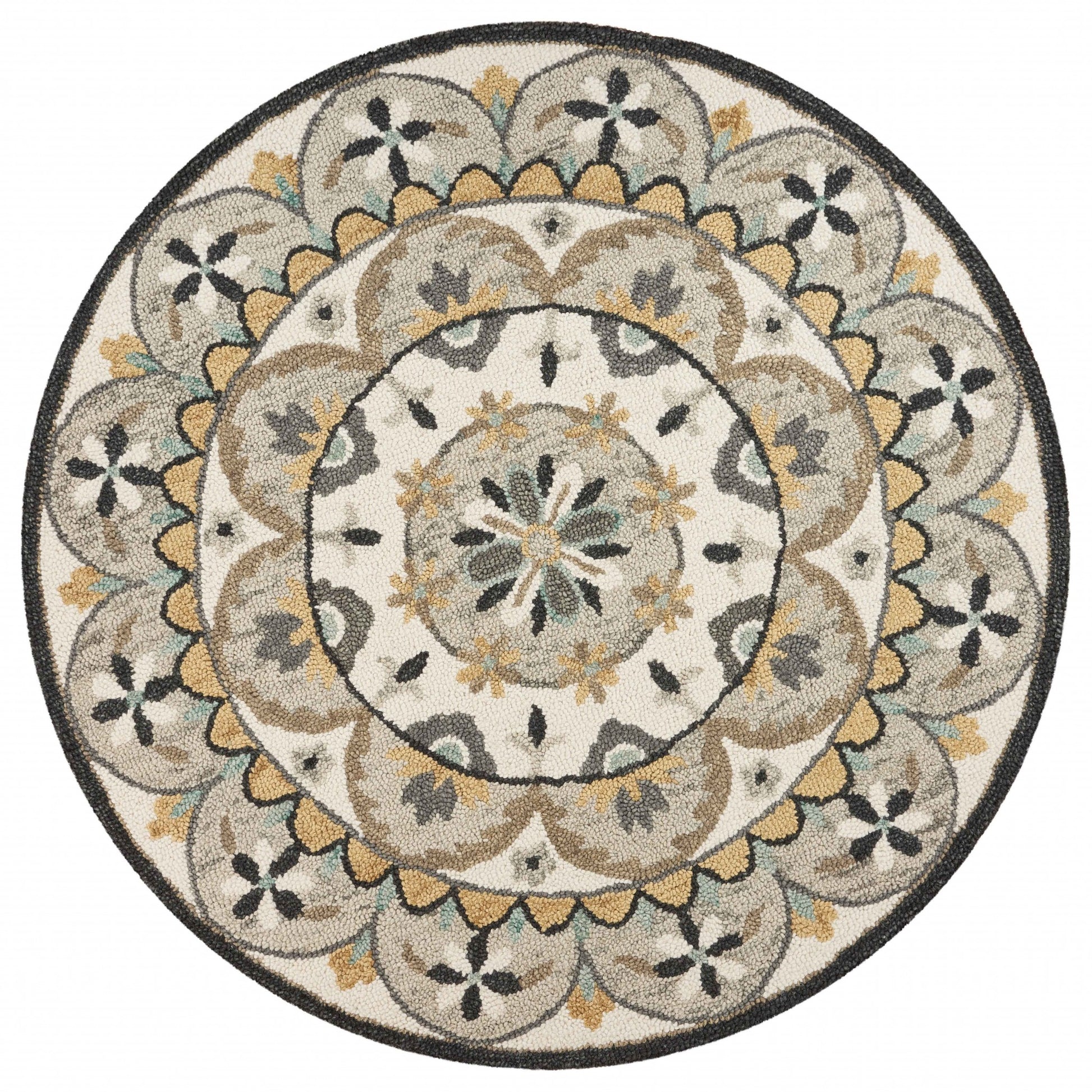 6' Gray and Ivory Round Wool Floral Handmade Area Rug-Area Rugs-DECOROLALA