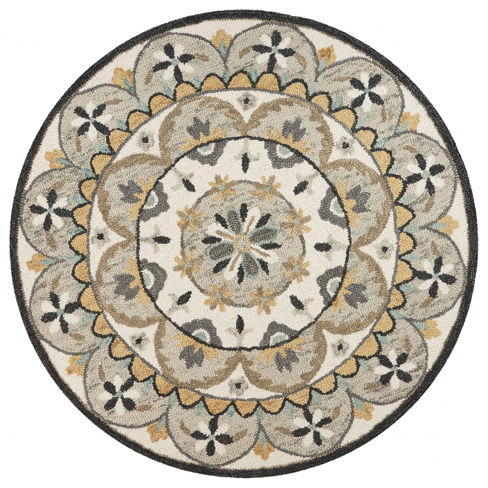 6' Gray and Ivory Round Wool Floral Handmade Area Rug-Area Rugs-DECOROLALA