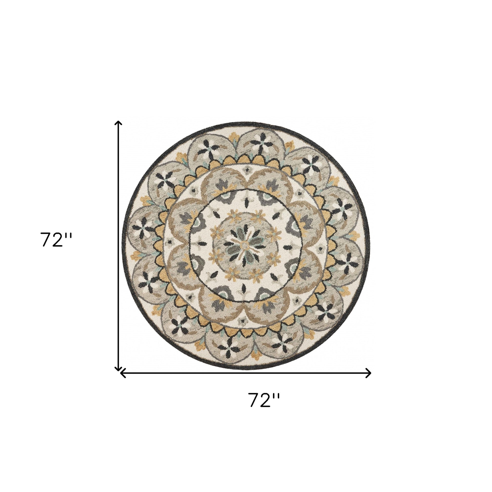 6' Gray and Ivory Round Wool Floral Handmade Area Rug-Area Rugs-DECOROLALA