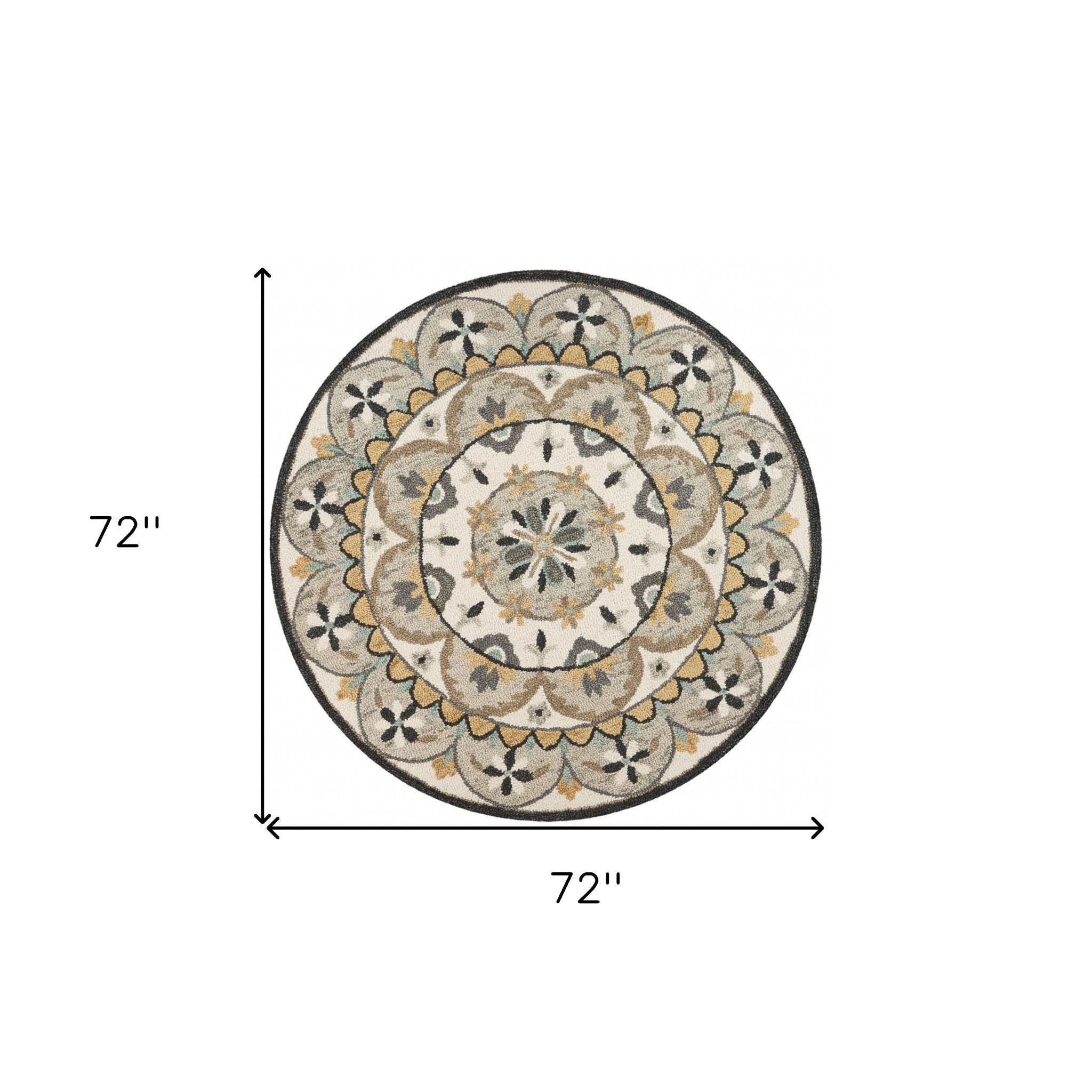 6' Gray and Ivory Round Wool Floral Handmade Area Rug-Area Rugs-DECOROLALA