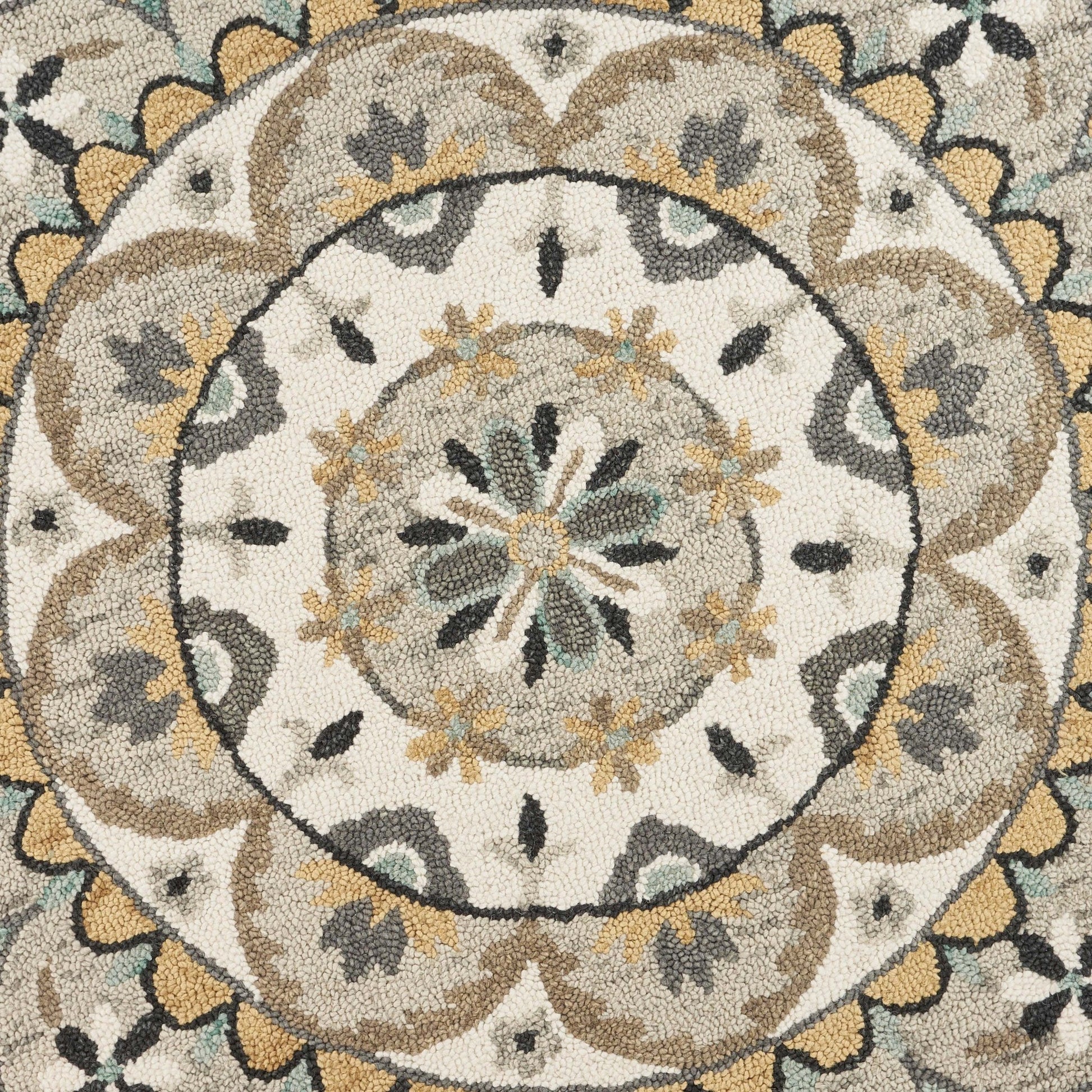 6' Gray and Ivory Round Wool Floral Handmade Area Rug-Area Rugs-DECOROLALA