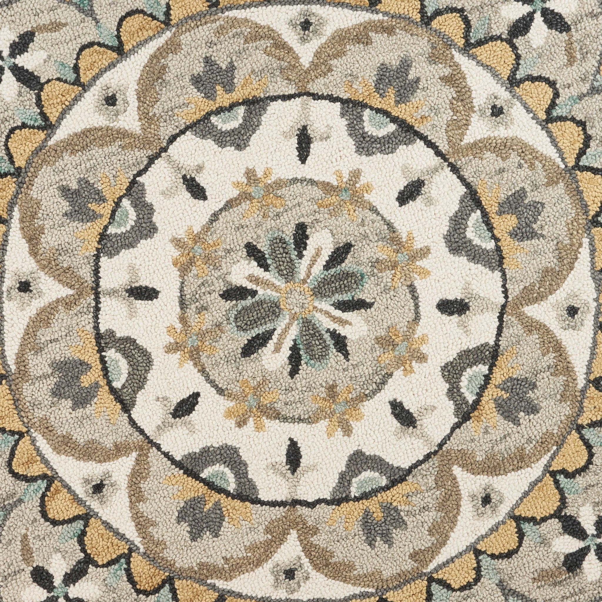 6' Gray and Ivory Round Wool Floral Handmade Area Rug-Area Rugs-DECOROLALA