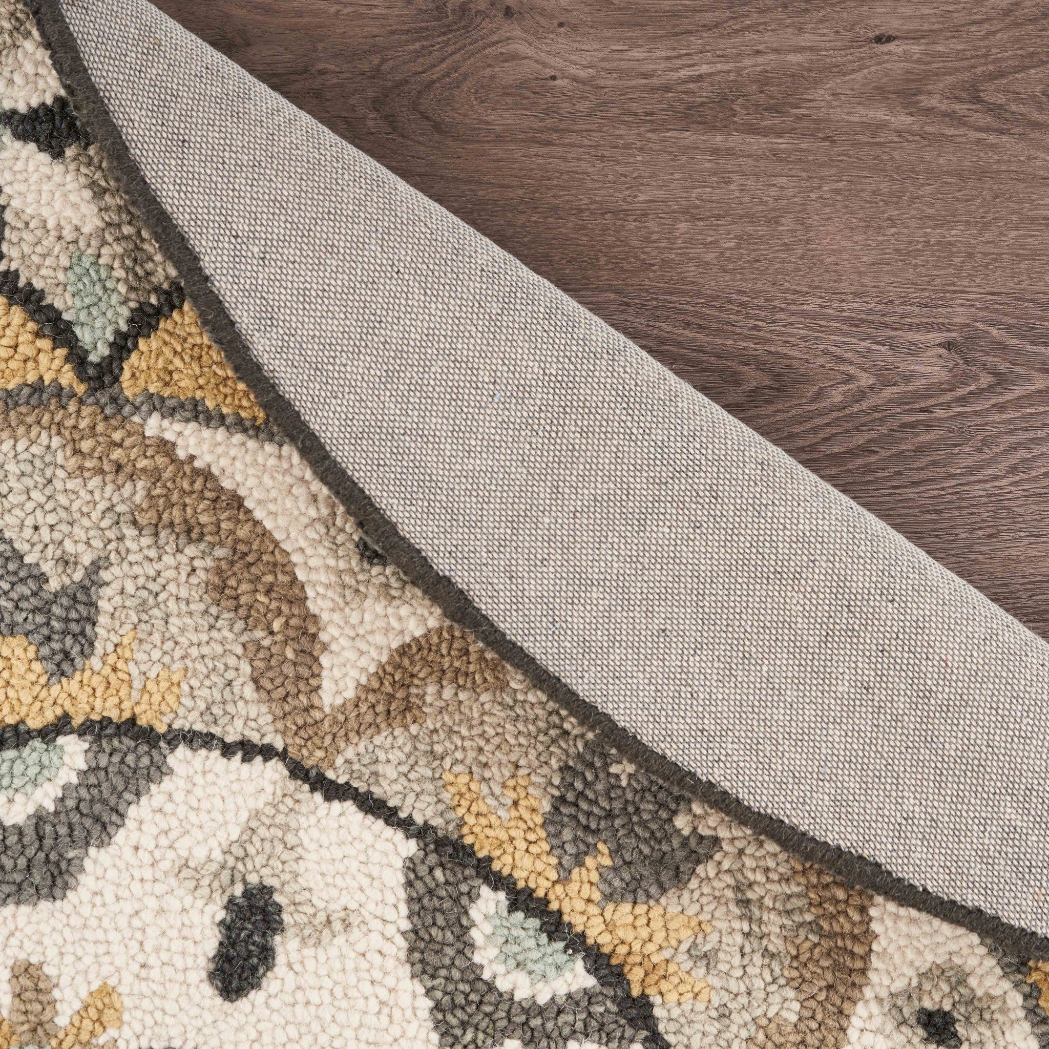 6' Gray and Ivory Round Wool Floral Handmade Area Rug-Area Rugs-DECOROLALA