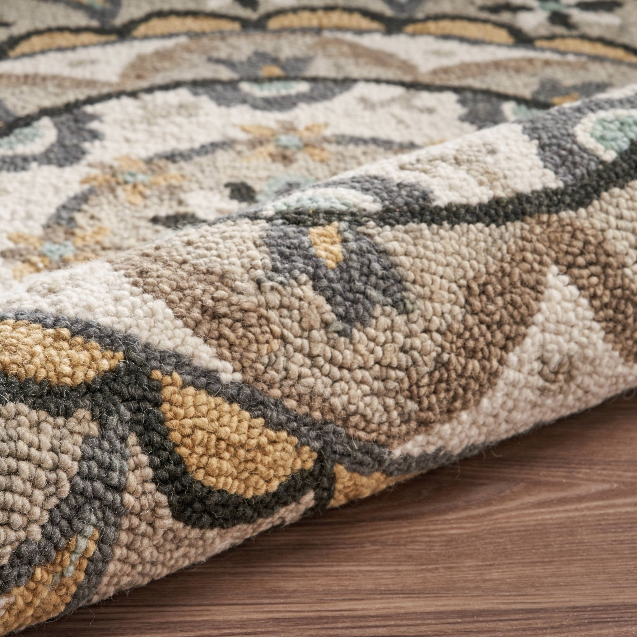 6' Gray and Ivory Round Wool Floral Handmade Area Rug-Area Rugs-DECOROLALA