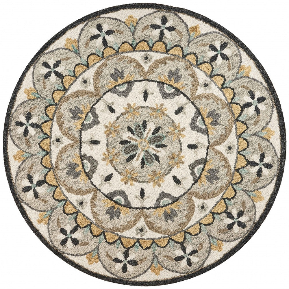 6' Gray and Ivory Round Wool Floral Handmade Area Rug-Area Rugs-DECOROLALA