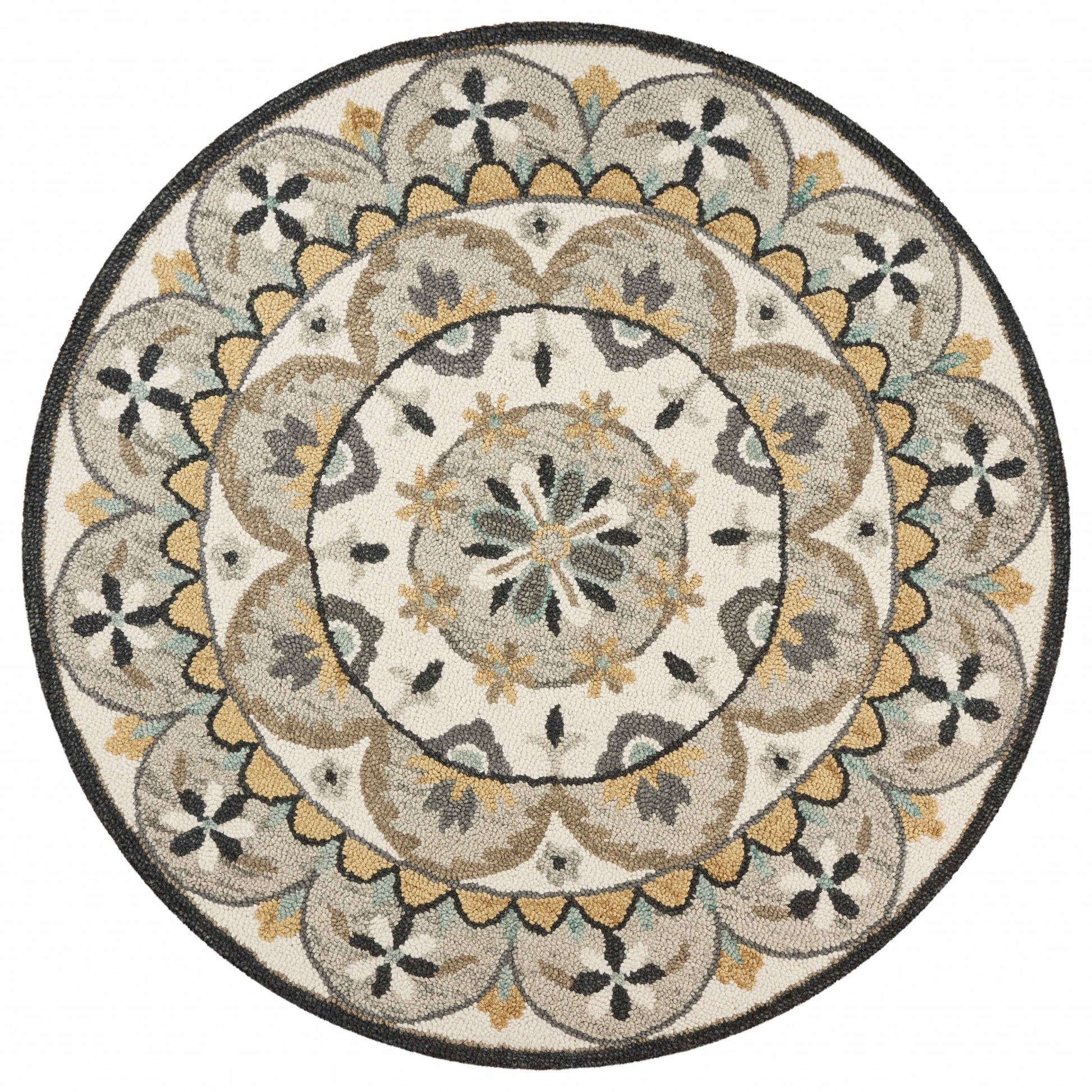 6' Gray and Ivory Round Wool Floral Handmade Area Rug-Area Rugs-DECOROLALA