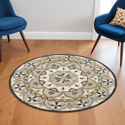 6' Gray and Ivory Round Wool Floral Handmade Area Rug-Area Rugs-DECOROLALA