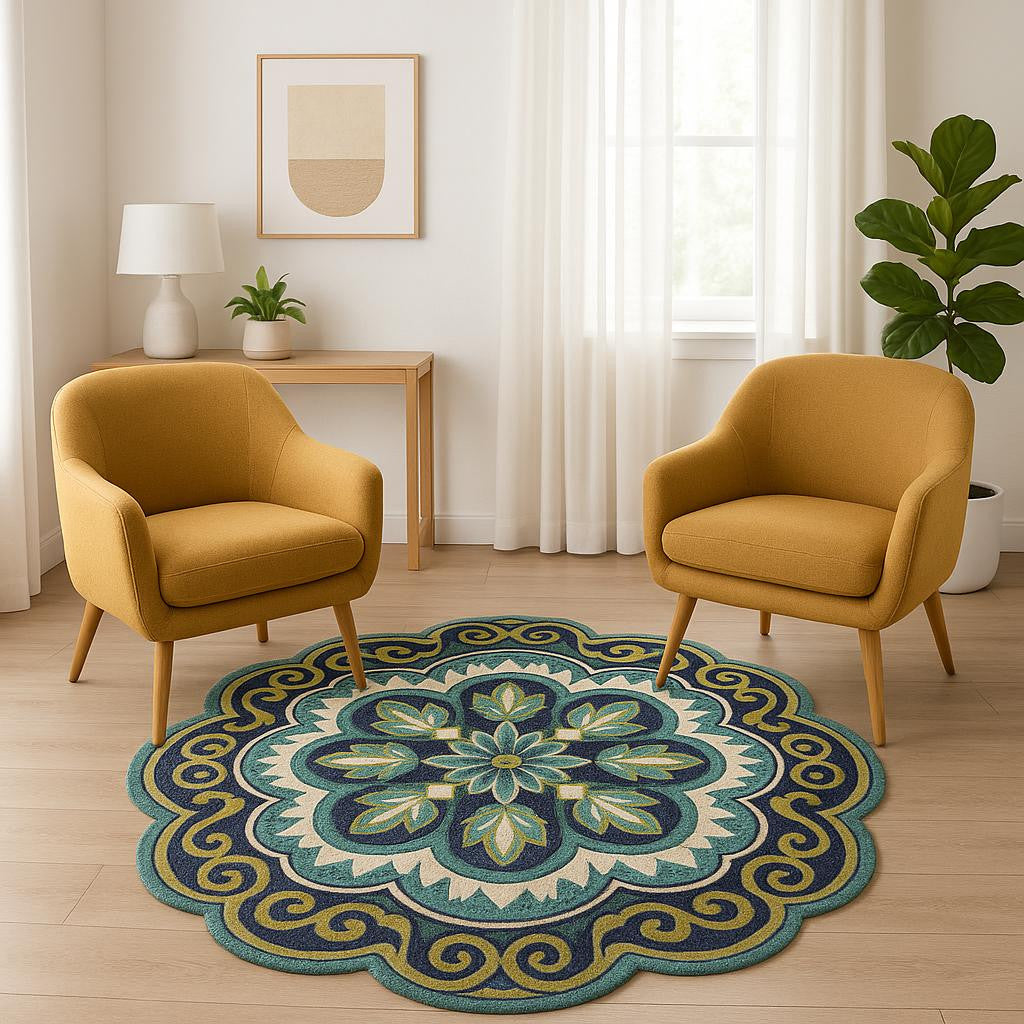 6' Green And Ivory Wool Geometric Hand Tufted Round Rug-Area Rugs-DECOROLALA