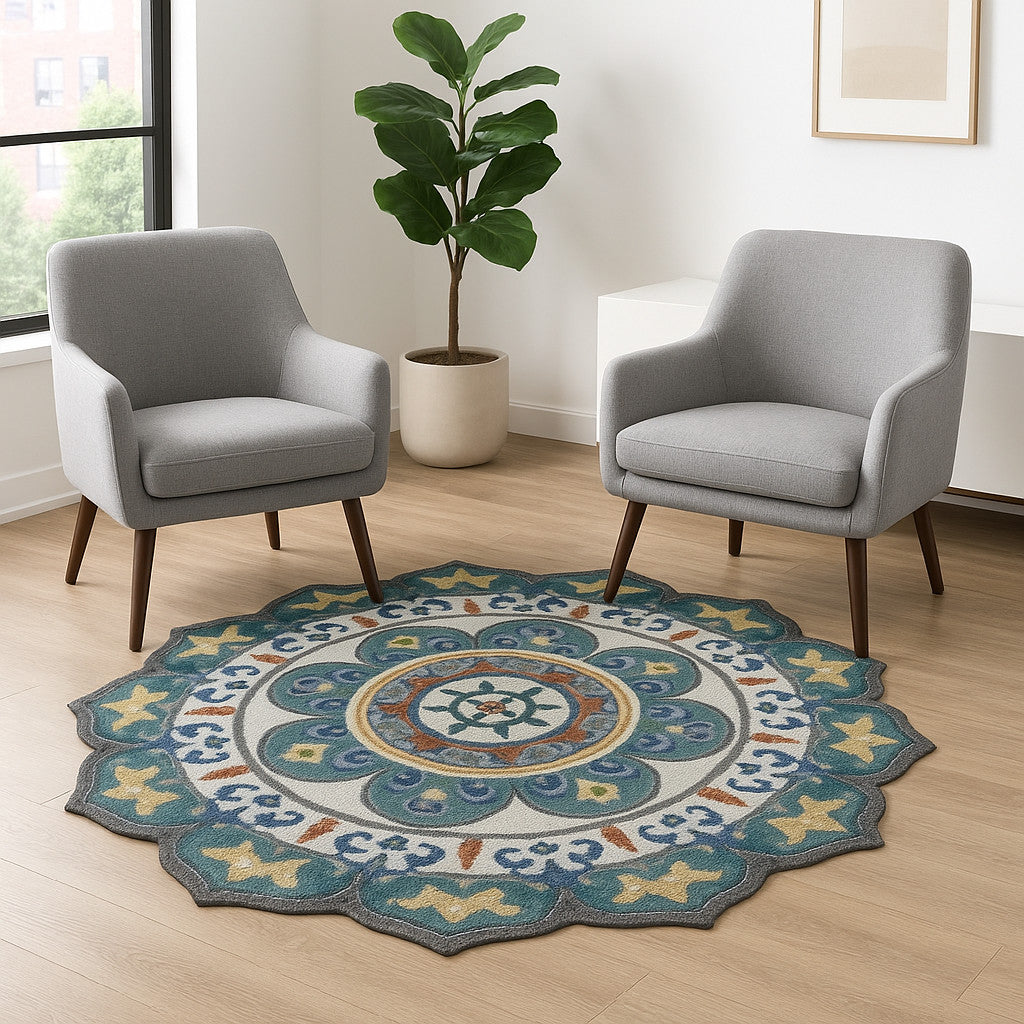 6' Green And Ivory Wool Hand Tufted Round Rug-Area Rugs-DECOROLALA