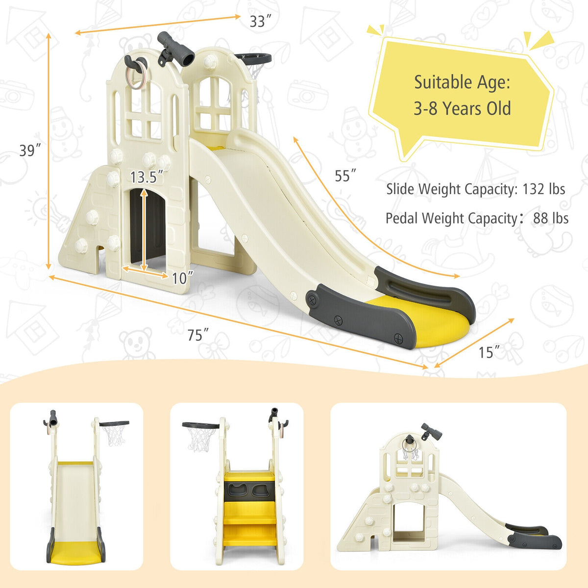 6-In-1 Large Slide for Kids Toddler Climber Slide Playset with Basketball Hoop