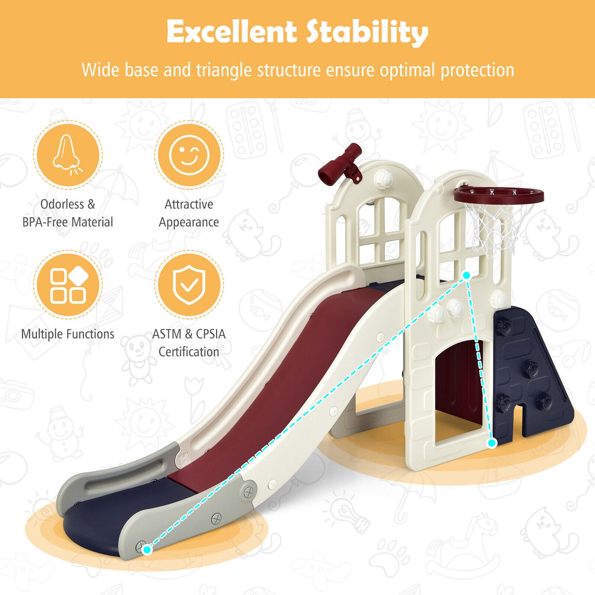 6-In-1 Large Slide for Kids Toddler Climber Slide Playset with Basketball Hoop