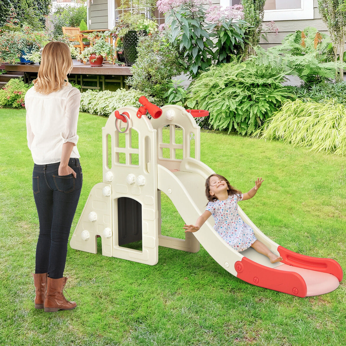 6-In-1 Large Slide for Kids Toddler Climber Slide Playset with Basketball Hoop