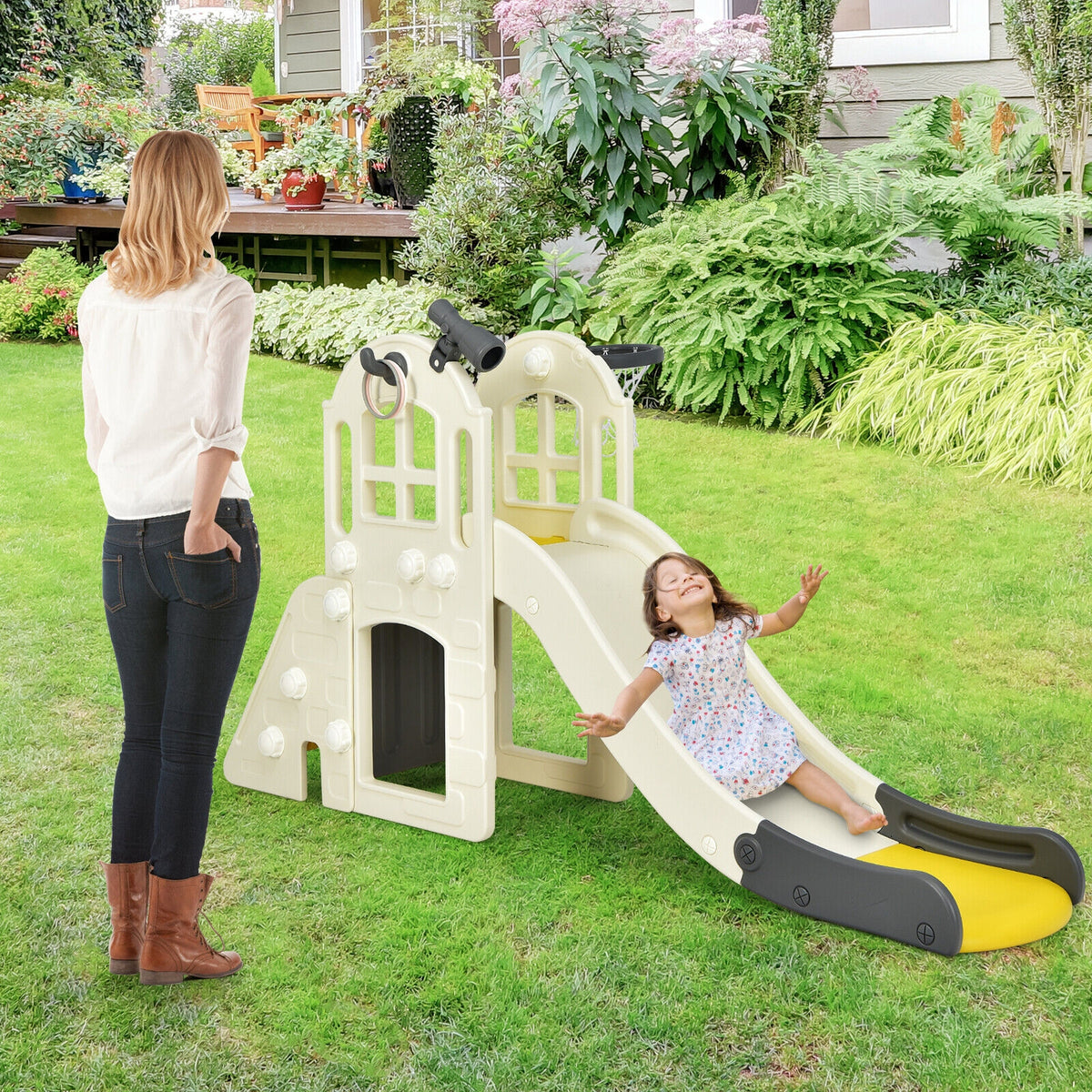 6-In-1 Large Slide for Kids Toddler Climber Slide Playset with Basketball Hoop