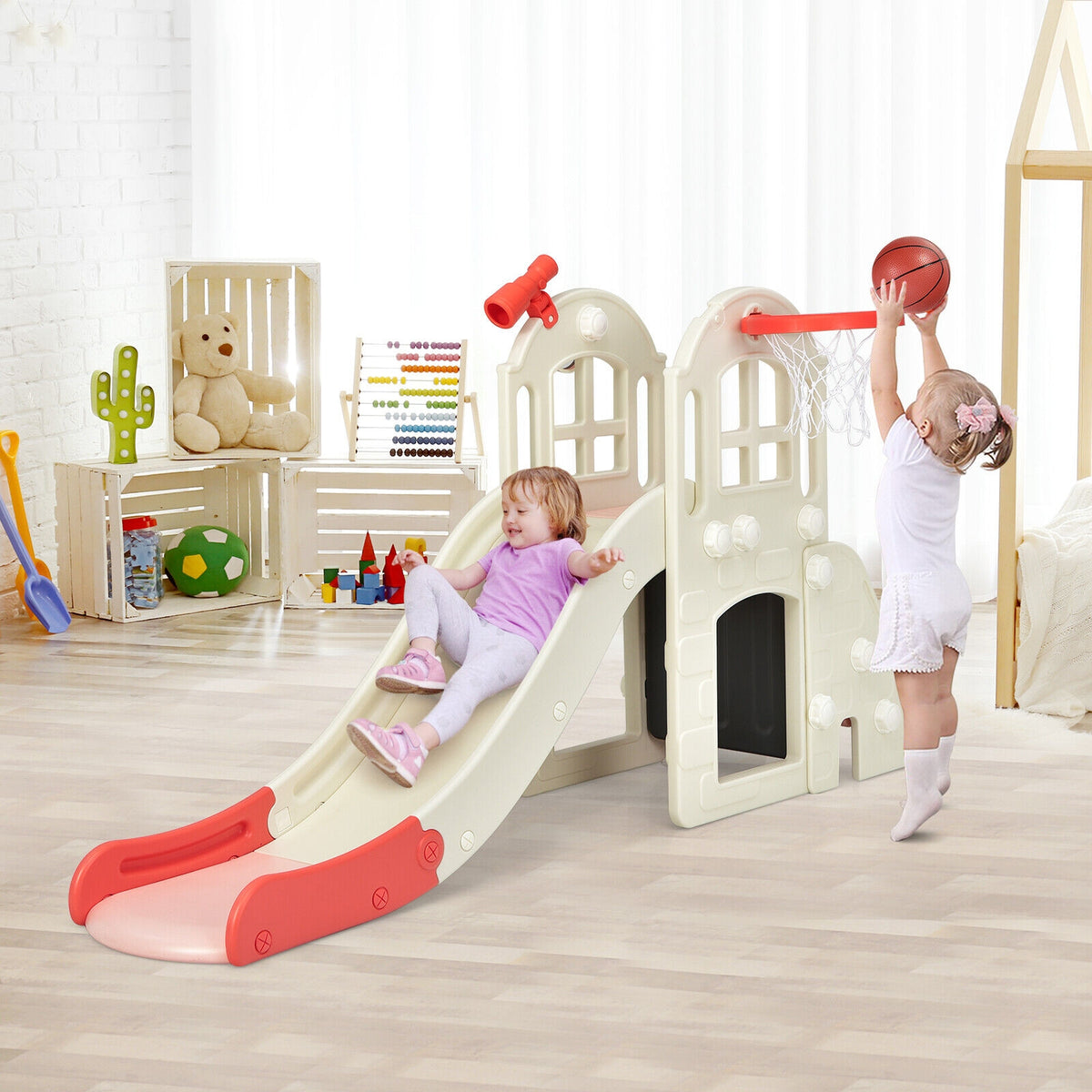 6-In-1 Large Slide for Kids Toddler Climber Slide Playset with Basketball Hoop
