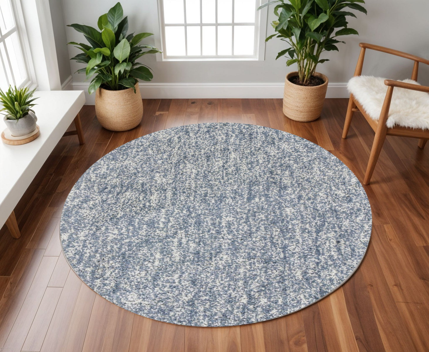 6' Indigo And Ivory Abstract Hand Woven Round Rug-Area Rugs-DECOROLALA