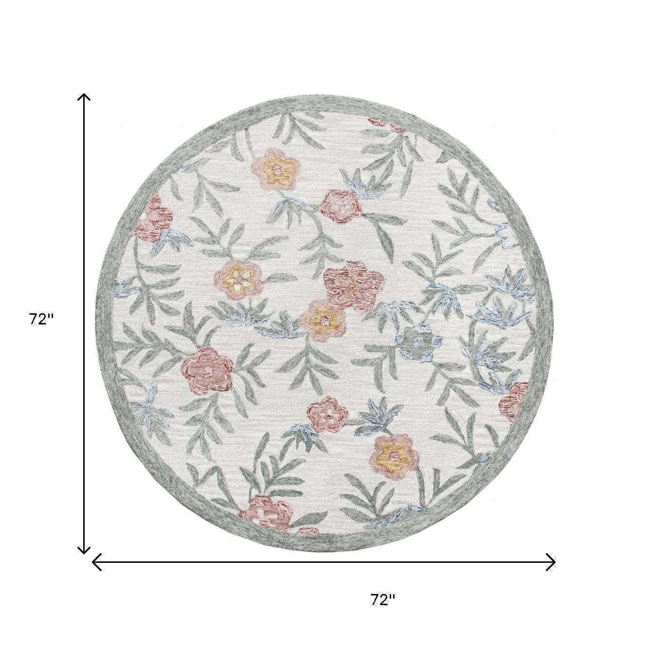 6' Ivory And Blue Round Wool Hand Hooked Handmade Area Rug-Area Rugs-DECOROLALA