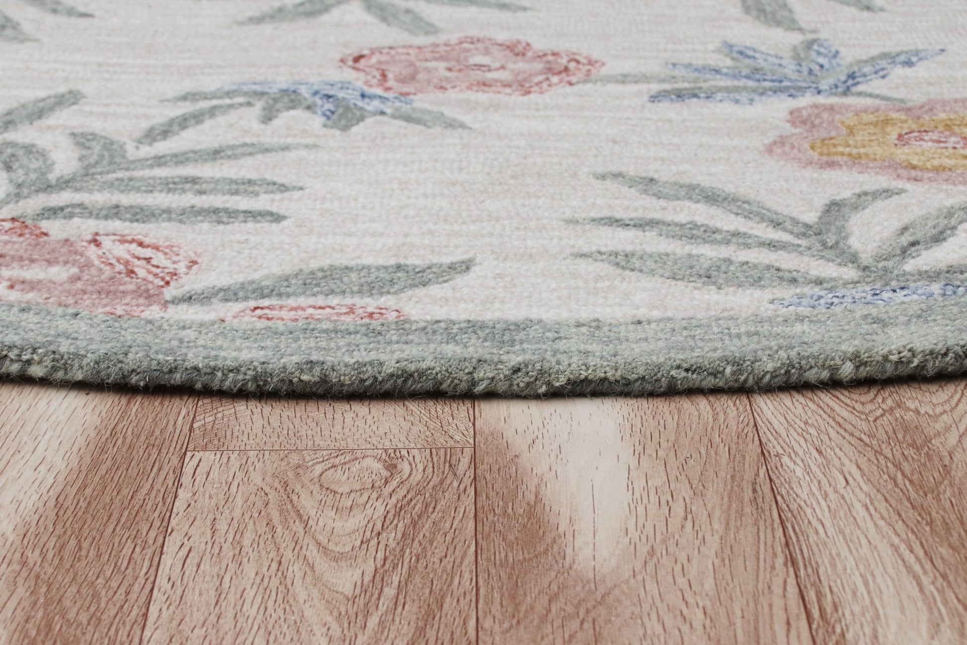 6' Ivory And Blue Round Wool Hand Hooked Handmade Area Rug-Area Rugs-DECOROLALA