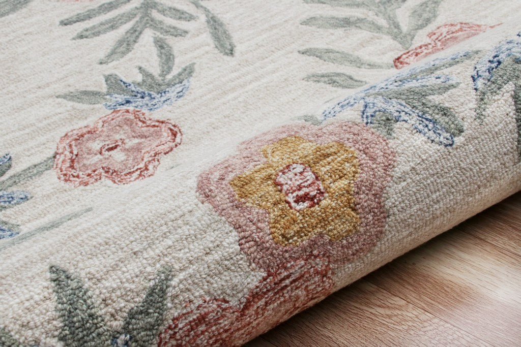 6' Ivory And Blue Round Wool Hand Hooked Handmade Area Rug-Area Rugs-DECOROLALA