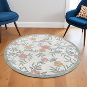 6' Ivory And Blue Round Wool Hand Hooked Handmade Area Rug-Area Rugs-DECOROLALA