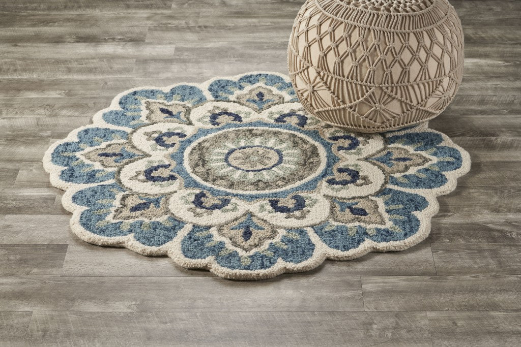 6' Ivory Teal Blue and Green Wool Hand Tufted Round Rug-Area Rugs-DECOROLALA