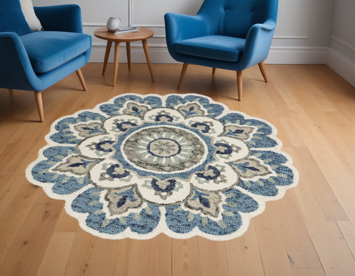 6' Ivory Teal Blue and Green Wool Hand Tufted Round Rug-Area Rugs-DECOROLALA