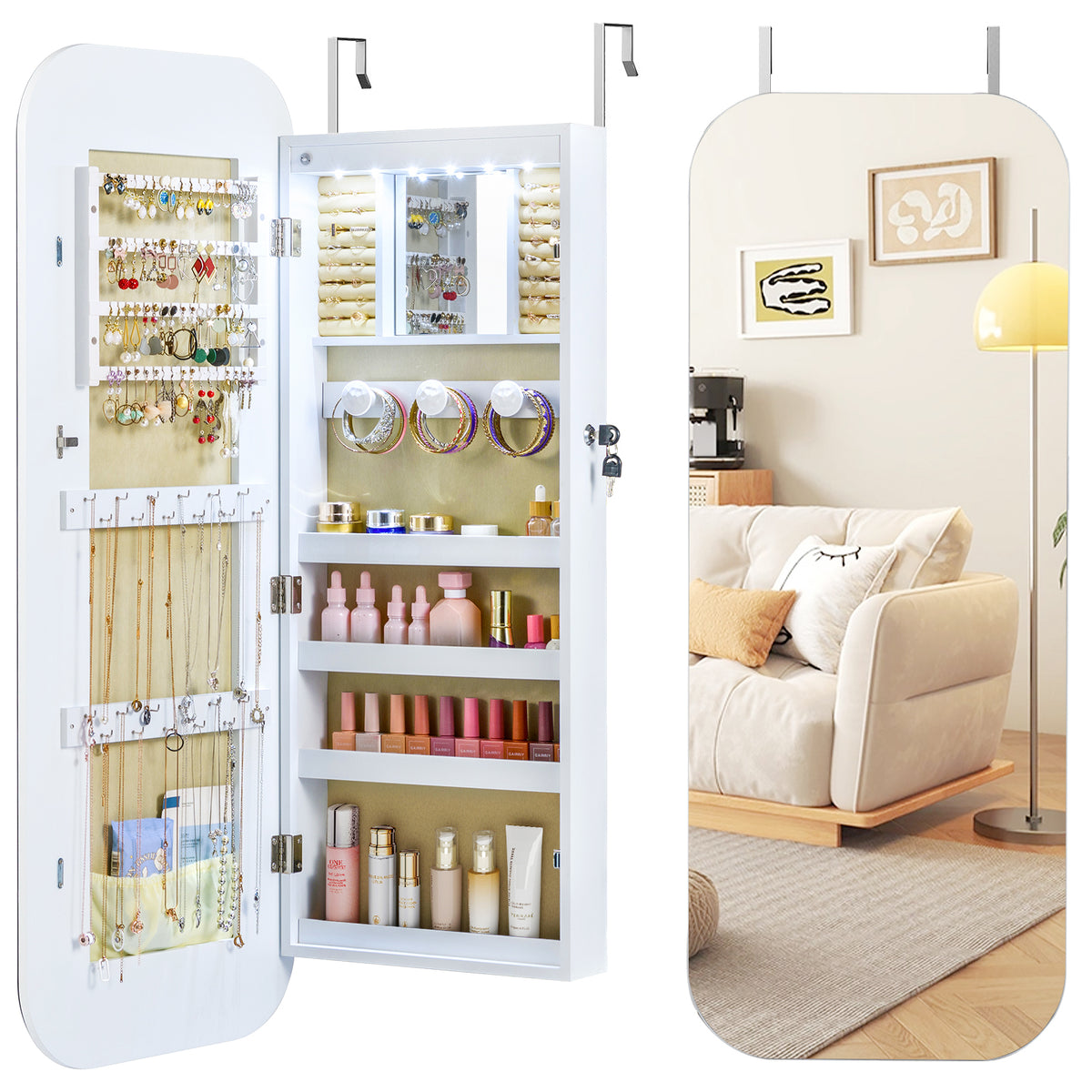 6 LEDs Mirror Jewelry Cabinet Wall or Door Mounted Lockable Jewelry Organizer-White-Jewelry Armoires-DECOROLALA