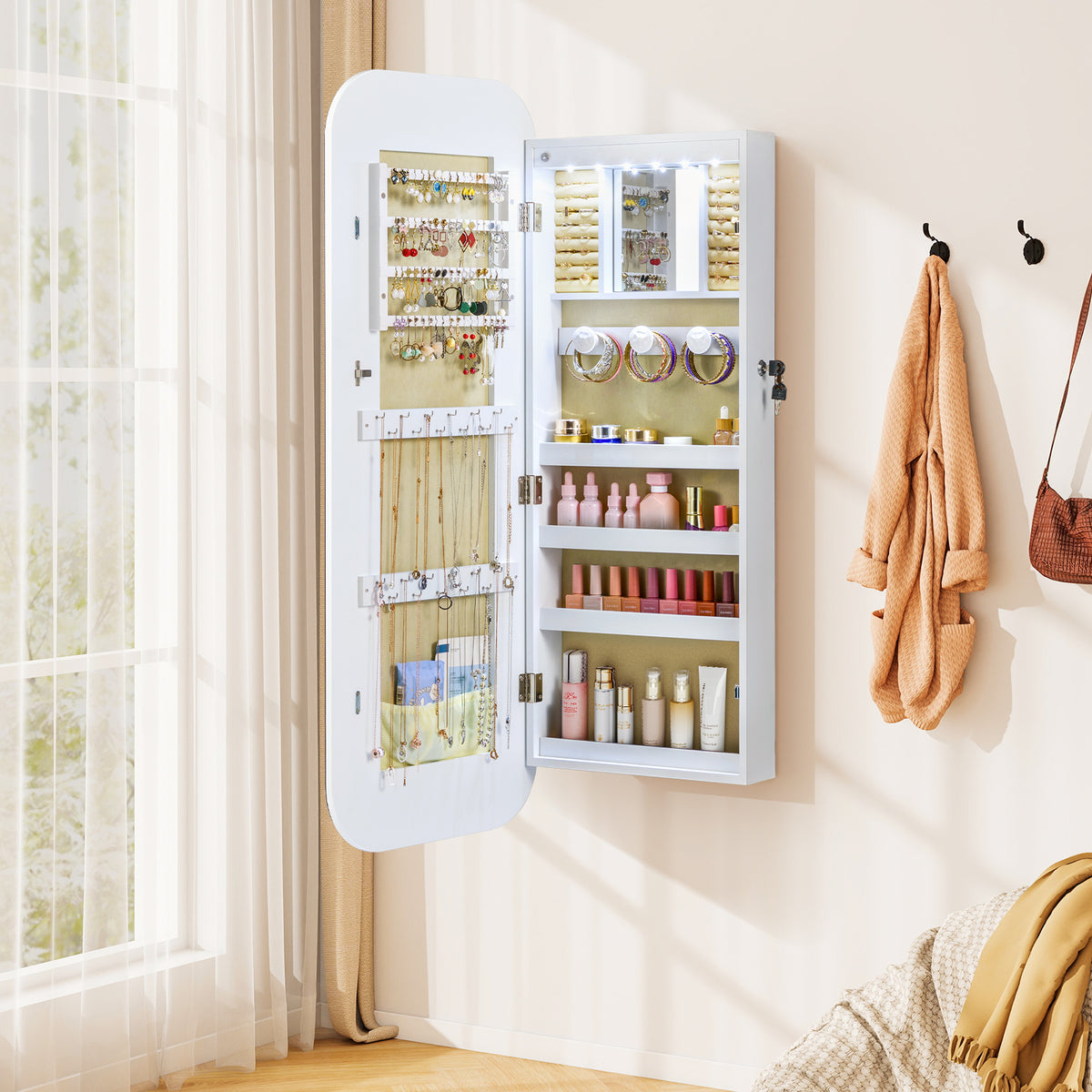 6 LEDs Mirror Jewelry Cabinet Wall or Door Mounted Lockable Jewelry Organizer-White-Jewelry Armoires-DECOROLALA