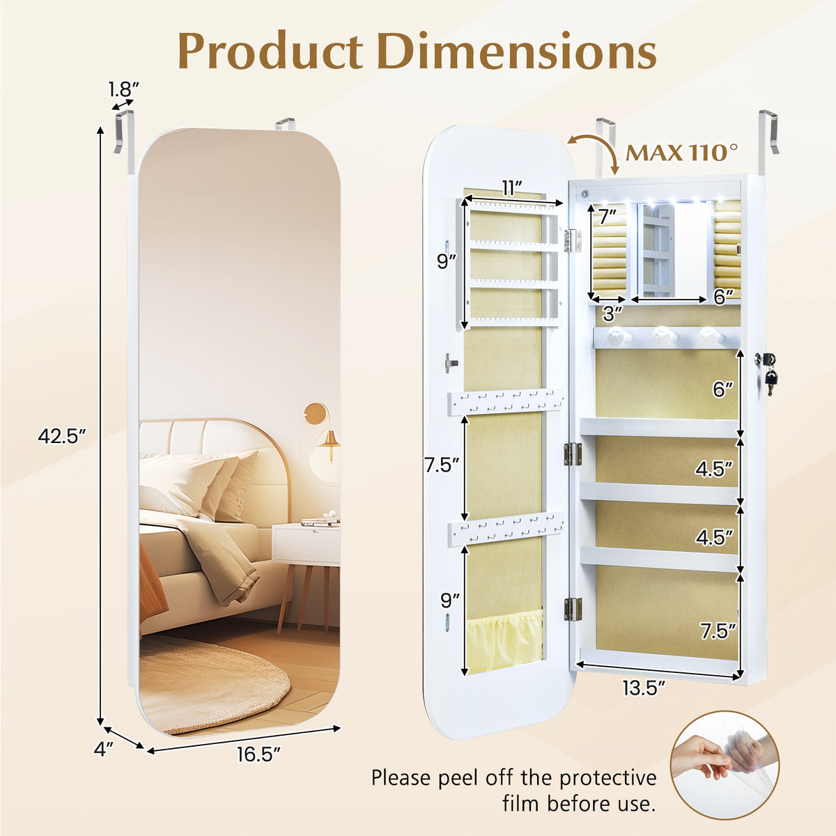 6 LEDs Mirror Jewelry Cabinet Wall or Door Mounted Lockable Jewelry Organizer-White-Jewelry Armoires-DECOROLALA