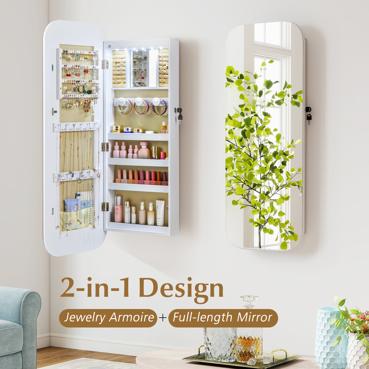 6 LEDs Mirror Jewelry Cabinet Wall or Door Mounted Lockable Jewelry Organizer-White-Jewelry Armoires-DECOROLALA
