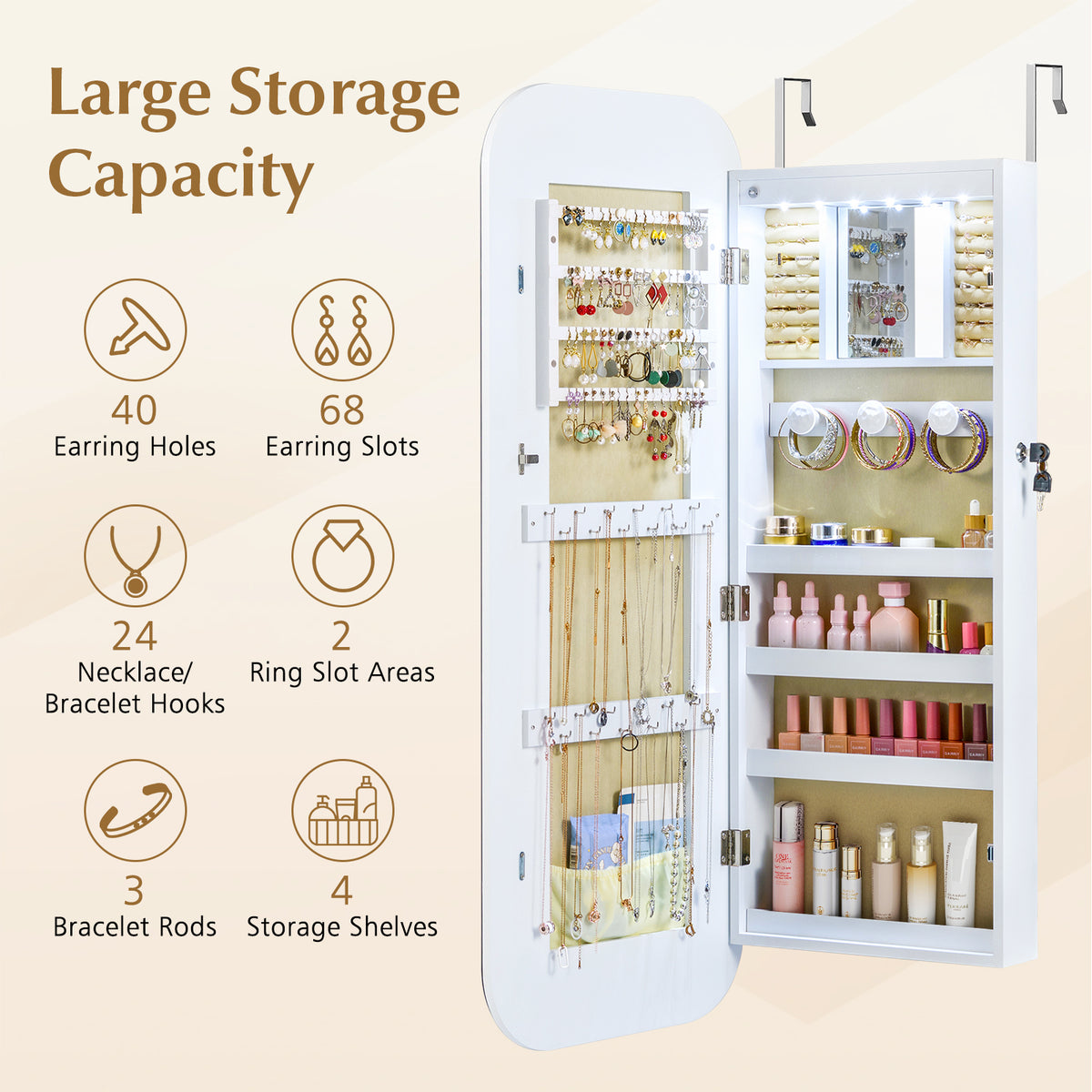 6 LEDs Mirror Jewelry Cabinet Wall or Door Mounted Lockable Jewelry Organizer-White-Jewelry Armoires-DECOROLALA
