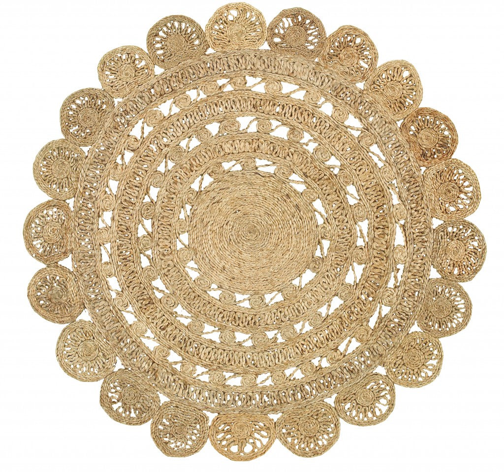6' Natural Jute Abstract Geometric Hand Braided Round Rug-Area Rugs-DECOROLALA