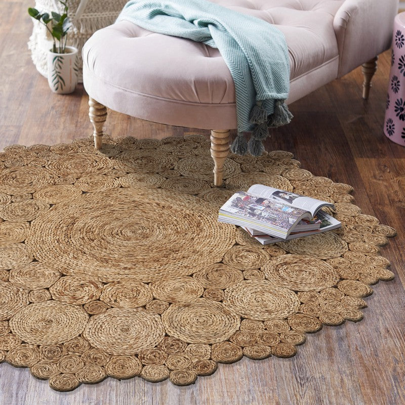 6' Natural Jute Abstract Geometric Hand Braided Round Rug-Area Rugs-DECOROLALA