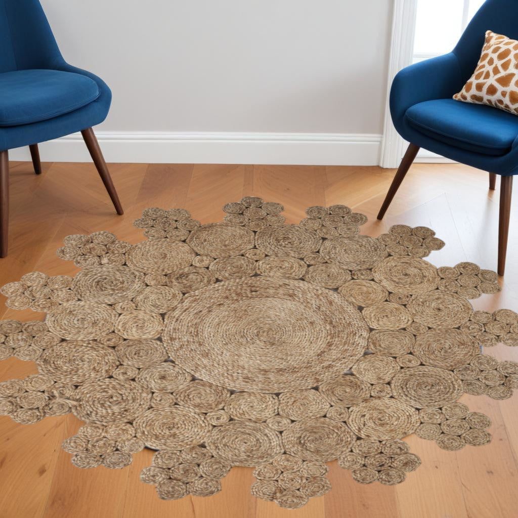 6' Natural Jute Abstract Geometric Hand Braided Round Rug-Area Rugs-DECOROLALA