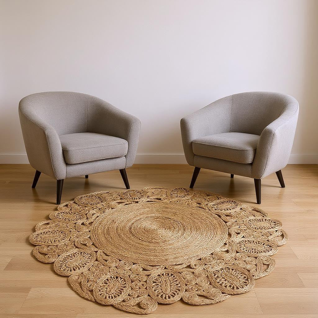 6' Natural Jute Abstract Geometric Hand Braided Round Rug-Area Rugs-DECOROLALA